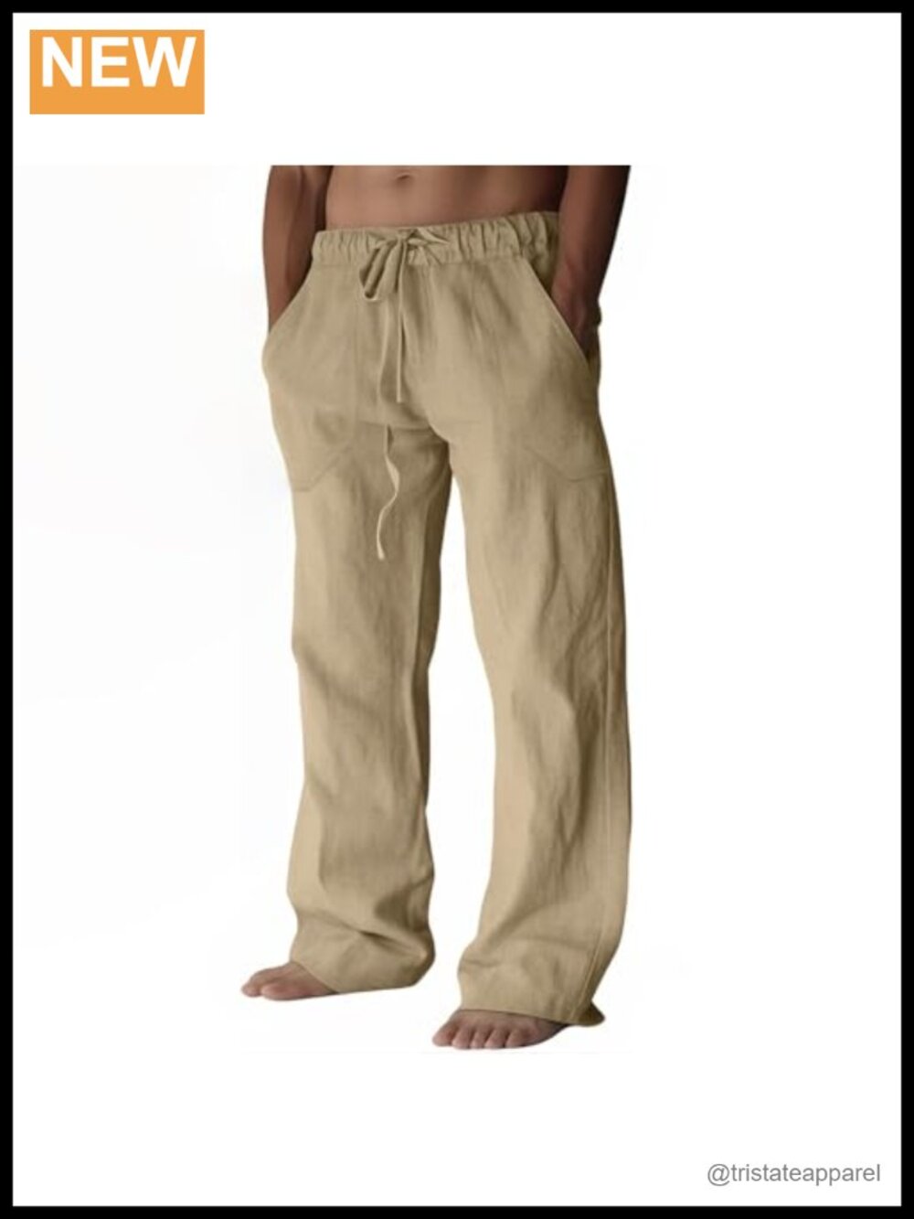 Men's Breathable Cotton Linen Pants Lightweight Summer Beach Elastic Drawstring